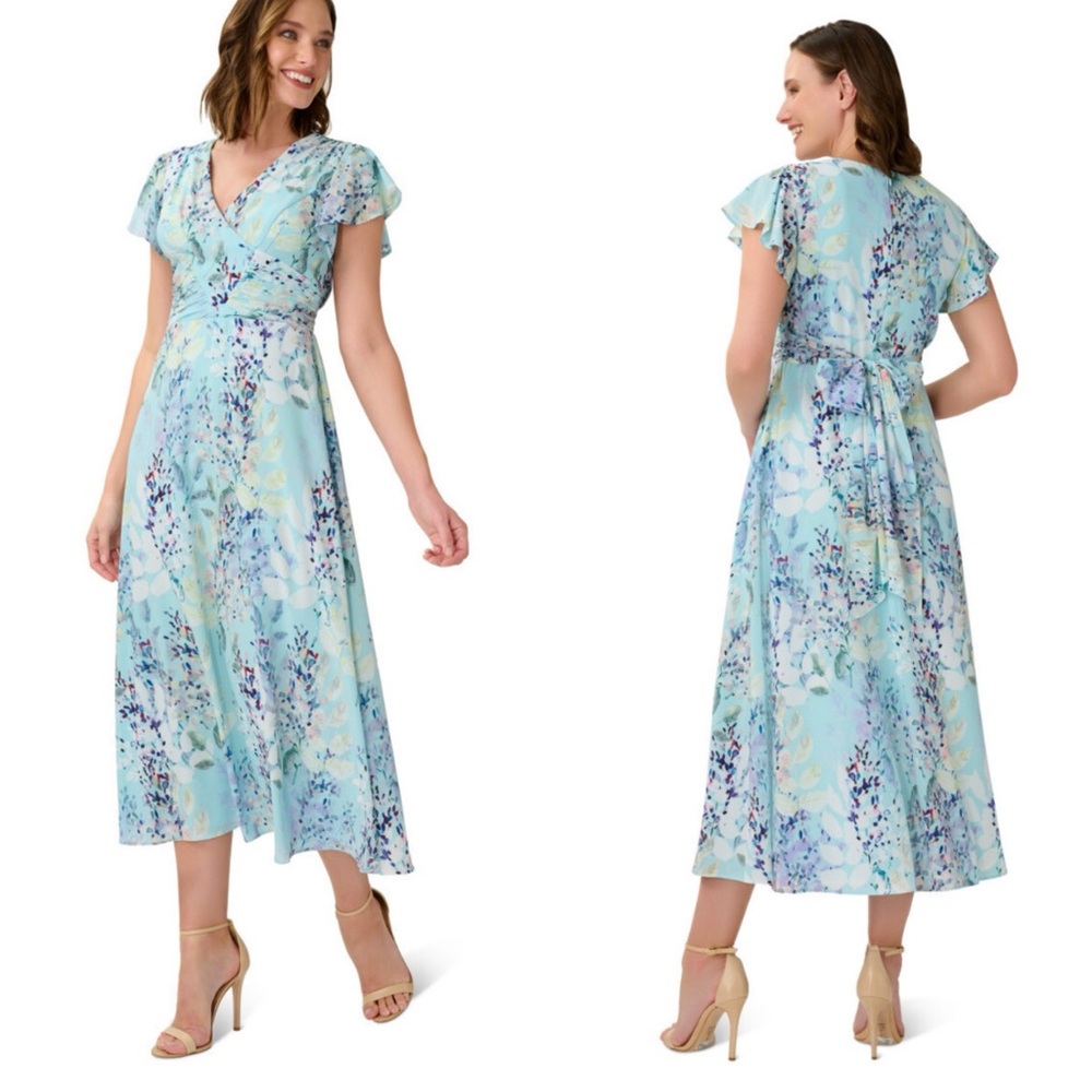 Adrianna Papell Blue Wrap Midi Dress with Flutter Sleeves